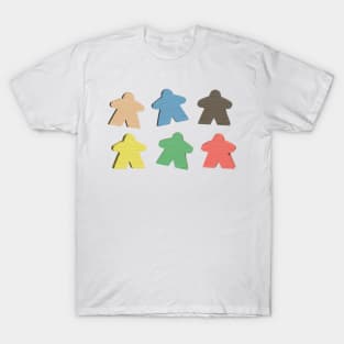 Meeple 3D Wood Game Piece Figures in Red, Blue, Natural, Green, Yellow, and Black T-Shirt